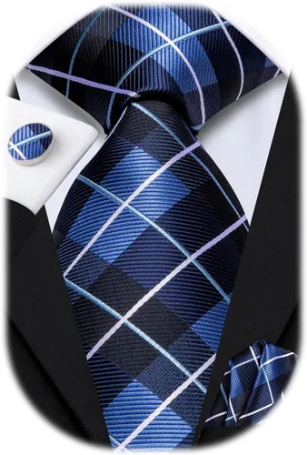 Miniatura 162 de Hi-Tie Corbata clásica de cachemira para hombre con pañuelo y gemelos a cuadros