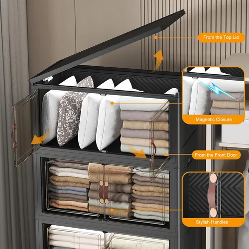 Miniatura 7 de UAMFURI Contenedores de almacenamiento apilables con tapas, ruedas y puerta, organizadores plegables de armario, cajones de almacenamiento