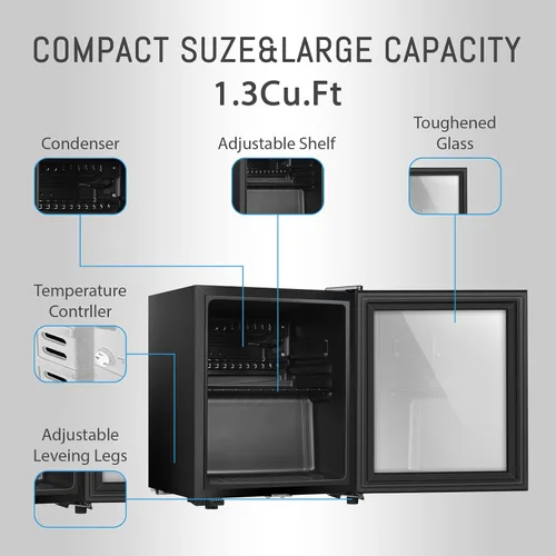 Miniatura 2 de HAILANG - Refrigerador de bebidas, 1.3 pies cúbicos, mini refrigerador con puerta de vidrio para refrescos y cerveza, refrigerador de bebidas