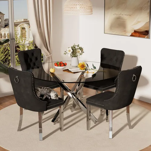 Miniatura 24 de Juego de mesa de comedor redonda de cristal moderno de mediados de siglo para 4, juego de vajilla circular de lujo plateado de 5 piezas, juego