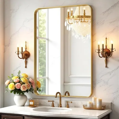 Tangkula Espejo de baño dorado de 20 x 32 pulgadas, espejo de tocador rectangular redondeado con marco de metal, dorado mate, vidrio templado,