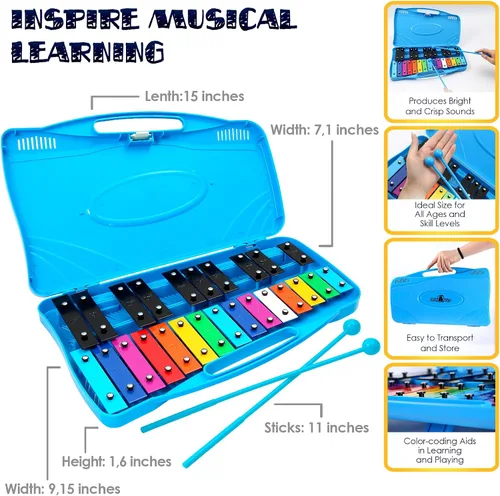 Miniatura 4 de MINIARTIS Glockenspiel Xilófono Xilófono de 25 notas con teclas metálicas coloridas para niños Instrumento musical de percusión Juguete Azul