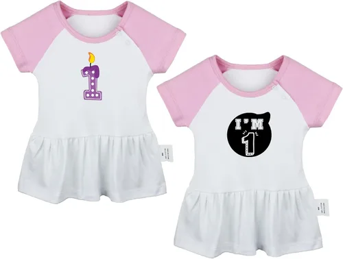 iDzn Pack of 2, Happy First Birthday & I'm 1 Funny Print Dresses, Newborn Infant Baby Girls Princess Dress, Cute Ruffle