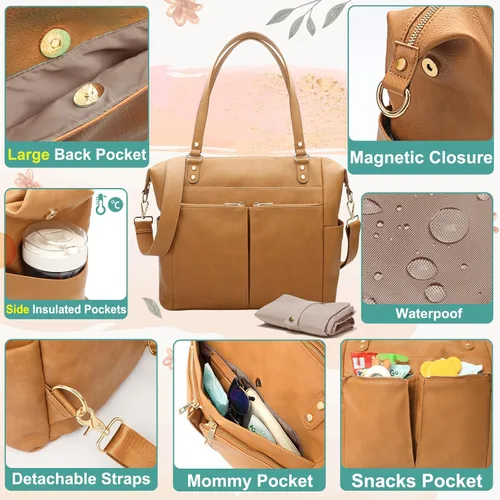 Miniatura 4 de MOMINSIDE Bolsa de pañales, mochila de cuero para pañales con 13 bolsillos para mamá y papá, bolsa de bebé convertible para niños y niñas, bolsa