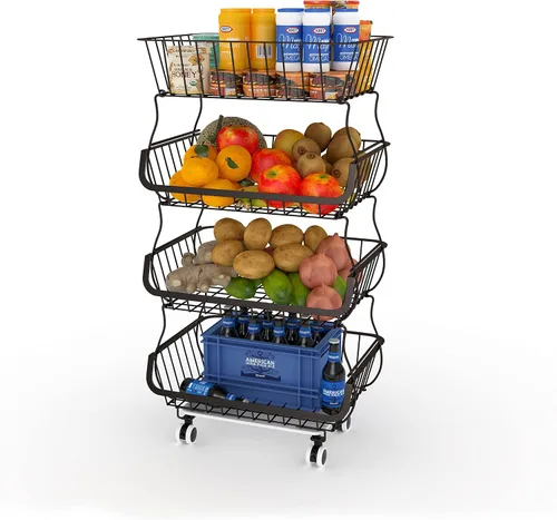 FANWU Soporte de cesta de frutas de 4 niveles, carrito de almacenamiento de frutas y verduras, cesta de almacenamiento de alambre con ruedas, Bronce