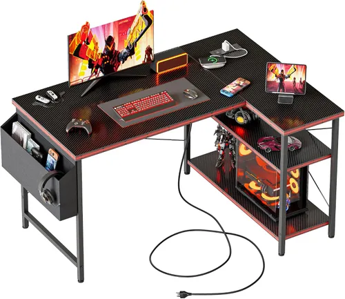 Miniatura 21 de Mericonia Escritorio pequeño en forma de L para computadora con tomas de corriente, escritorio de juegos para espacios pequeños, escritorio