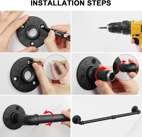 Miniatura 6 de Toallero Industrial de Tubo de Hierro, Barra de Toallas, Soporte de Toallas de Baño Rústico de Granja para Pared, Montaje en Pared, Resistente Negro