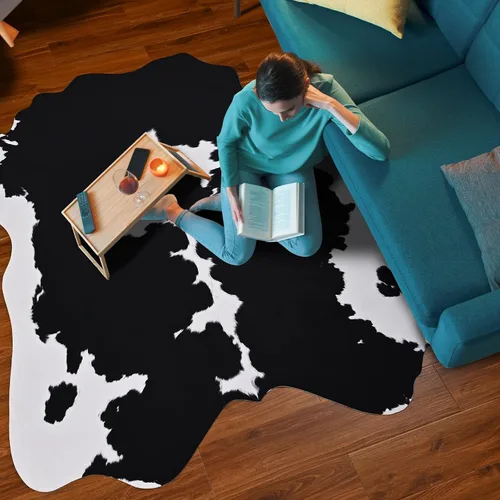 Miniatura 4 de Comeet Alfombra de piel de vaca sintética de 4 x 3 pies, alfombra de vaca mediana con estampado de vaca gruesa, antideslizante, alfombra de área
