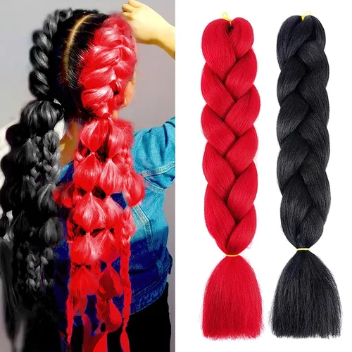Miniatura 3 de MDRTIRIM Cabello trenzado de color liso, sintético, jumbo, rojo y negro, extensiones preestiradas, fibra resistente a altas temperaturas, pelo
