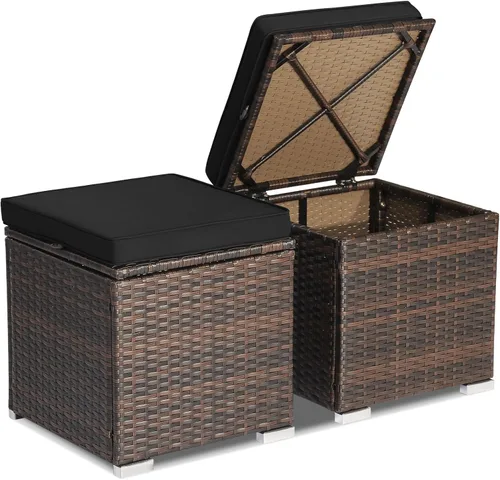 Miniatura 21 de Tangkula - 2 asientos otomanos de patio, mesa lateral de ratán PE tejido a mano de Patiojoy con cojín extraíble y espacio de almacenamiento oculto