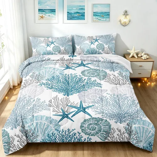 Miniatura 15 de BDUCOK Twin Size Ocean Starfish Comforter Set Teal Turquoise Beach Bedding with Seashell Print Coastal Nautical Bedroom Decor All Season 3005Twin
