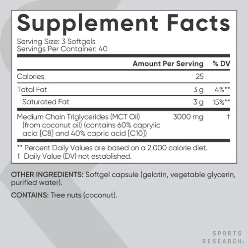 Miniatura 5 de Sports Research Cápsulas de aceite MCT derivadas de aceite de coco, combustible Keto para el cerebro y el cuerpo, alta potencia 3000 mg Derivado