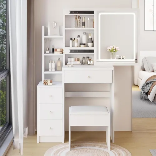Miniatura 12 de BNSPLY 29.2" W Small Vanity Desk with Sliding Mirror, Black Makeup Vanity Set with 4 Drawers and 5 Shelves, Dressing Table with Cushion Stool for