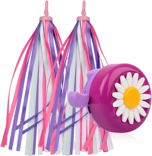 U-LIAN Serpentinas y campanas de bicicleta para niñas, 1 paquete de campanas de bicicleta de flores con 2 paquetes de serpentinas para manillar,