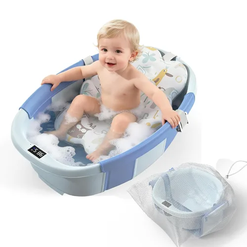 TOSGN Bañera plegable para bebé, 3 segundos para instalar, bañera para bebé con cojín suave y termómetro, bañera para recién nacidos de 0 a 36 Azul