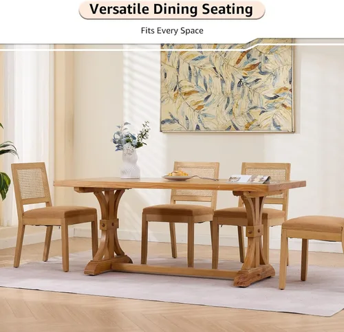 Miniatura 2 de ODUSE-DAILY Juego de 2 sillas de comedor French Country color beige, sillas de comedor de madera bohemia con respaldo tejido y asiento tapizado