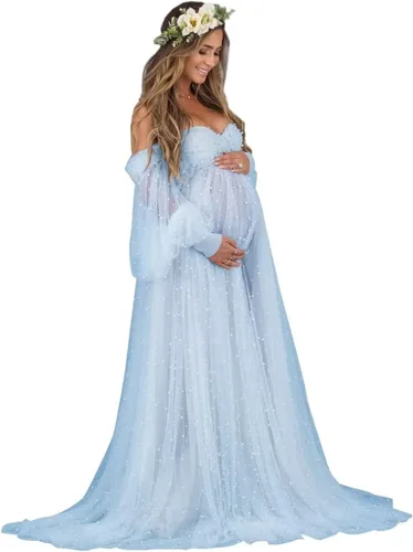 SUOLUOS Vestidos de maternidad de tul perlado para sesión de fotos, hombros descubiertos, lencería nupcial, vestidos de embarazo para baby shower
