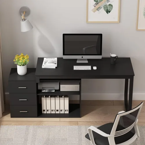 Miniatura 3 de Homsee - Escritorio de computadora para oficina en casa, escritorio de esquina con 3 cajones y 2 estantes, mesa de estudio grande en forma de L