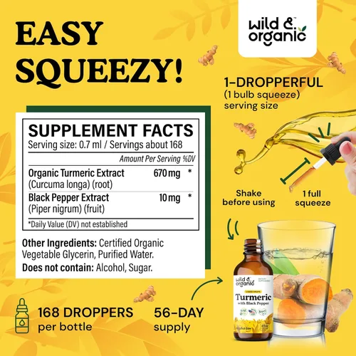 Miniatura 3 de Wild & Organic Suplemento de cúrcuma gotas líquidas - Movimiento y apoyo inmunológico - Cúrcuma líquida con extracto de pimienta negra - Añadir a
