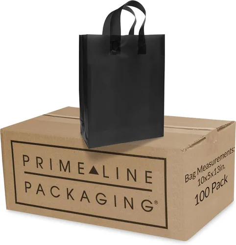 Miniatura 8 de Prime Line Packaging Bolsas de compras de plástico con asas para pequeñas empresas, bolsas negras esmeriladas, mercancía, venta al por menor