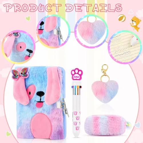 Miniatura 3 de Juego de cuadernos de peluche con diseño de arcoíris, cuaderno esponjoso para niñas, diario privado bordado, bloc de notas con candado, bolígrafo