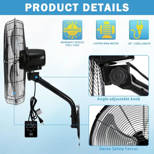 Miniatura 5 de Ventilador de pared de 20 pulgadas, ventilador de pared resistente de 7100 CFM con 3 velocidades e inclinación ajustable, ventiladores oscilantes
