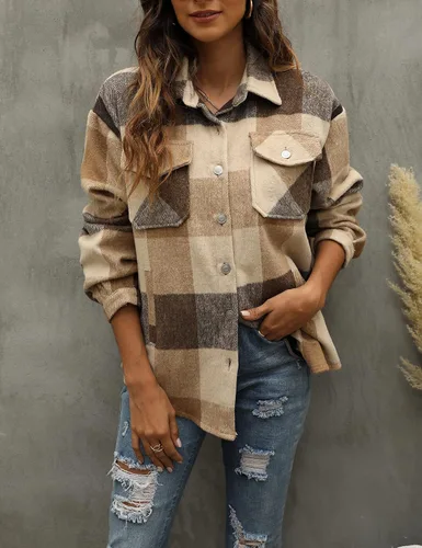 Miniatura 21 de Tanming - Chaquetas de franela cepillada para mujer, a cuadros, con botones, solapas y bolsillos, camisa tipo chaqueta