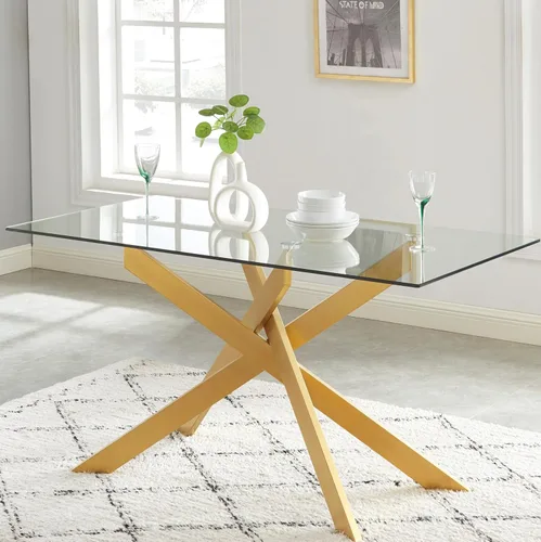 Miniatura 7 de Mesa de comedor de estilo moderno con parte superior de vidrio templado gris y patas tubulares de metal negro, 58.5 pulgadas de largo x 29 pulgadas