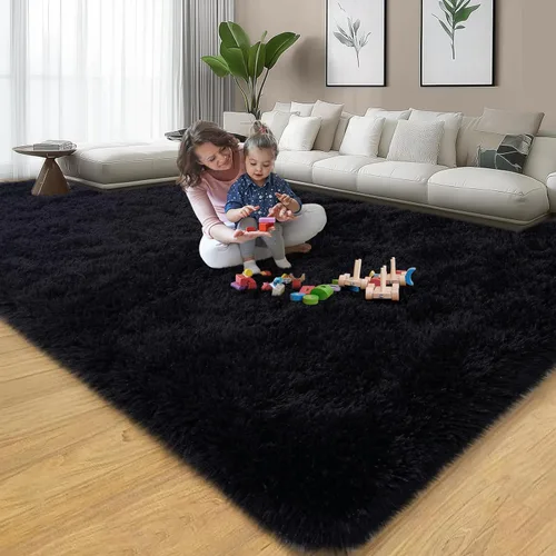 Miniatura 7 de qulint Alfombra negra para sala de estar, de 6 x 9 pies, suave y esponjosa, de 6 x 9 pies, alfombra grande peluda, alfombras peludas para sala
