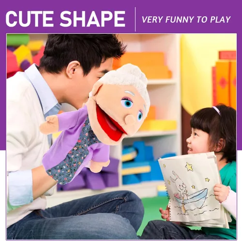 Miniatura 2 de Marioneta de mano para abuela, figura de miembro de la familia con boca móvil, marioneta de mano de felpa, juguetes de simulación, accesorios