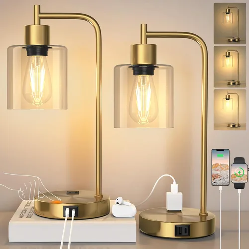 QiMH Juego de 2 lámparas de mesa industriales con control táctil con 2 puertos USB y 2 salidas de CA, lámparas de lectura regulables de 3 vías con