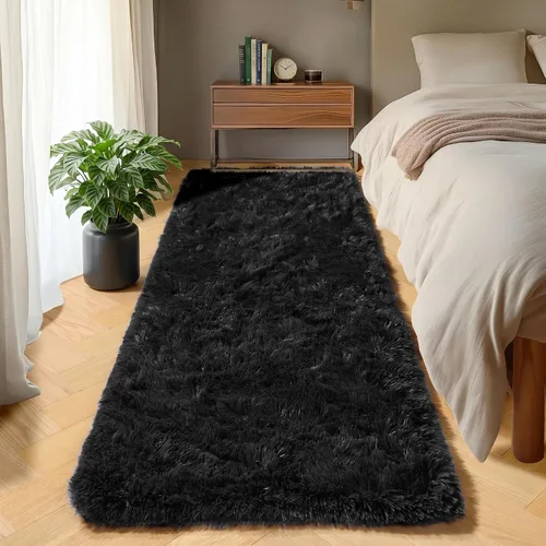 ONASAR - Alfombra de pasillo negra de 2 x 6 pies, esponjosa, lavable, ultrasuave, afelpada, peluda, tapete para bebés, dormitorio de niños, armario,