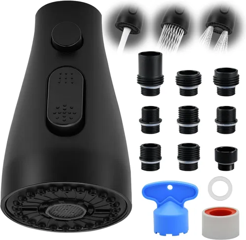 Miniatura 8 de Cabezal de repuesto para grifo de cocina, cabezal rociador desplegable de 3 funciones con 9 adaptadores, cabezal rociador de grifo de fregadero