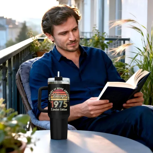 Miniatura 7 de 34HD Regalos de cumpleaños para el Día del Padre, de parte de su hija o hijo, taza de viaje aislada para 50 cumpleaños, clásico de 40 onzas con asa