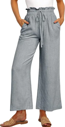 ANRABESS Pantalones de lino para mujer, estilo casual, holgados, cintura alta, cordón de pierna ancha, pantalones capri palazzo con bolsillos