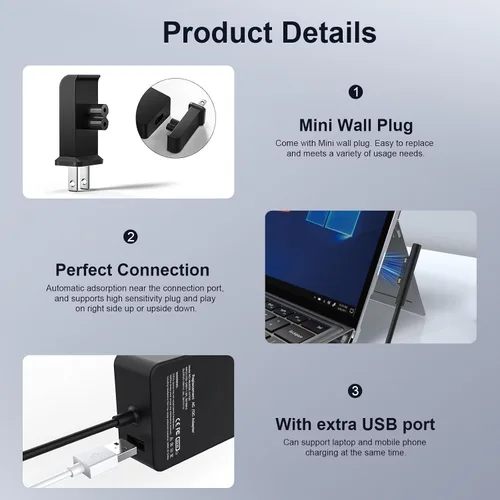 Miniatura 2 de 65W Microsoft Surface Charger Pro/Laptop/Book/Go Replacement AC Adapter Fits Surface Pro1-11, Laptop1-7, Book1-3, Go1-3, 65W works with 44W/36W