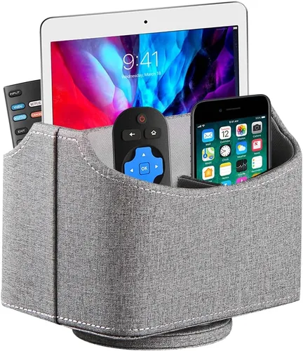 Miniatura 11 de Organizador para control remoto giratorio de 360°, organizador de control remoto de TV de piel sintética con cesta de almacenamiento de 5