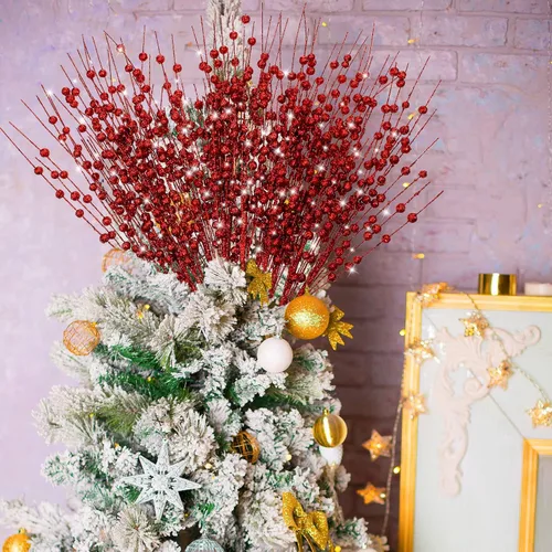 Miniatura 6 de Jutom 12 tallos de bayas artificiales de Navidad con purpurina de 15.7 pulgadas, adornos de púas de bayas de acebo, adornos falsos para árbol