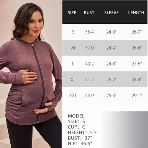 Miniatura 6 de DEBELLY Sudaderas de maternidad de manga larga con cremallera completa, casual, para embarazo, chaqueta con bolsillos, agujero para el pulgar