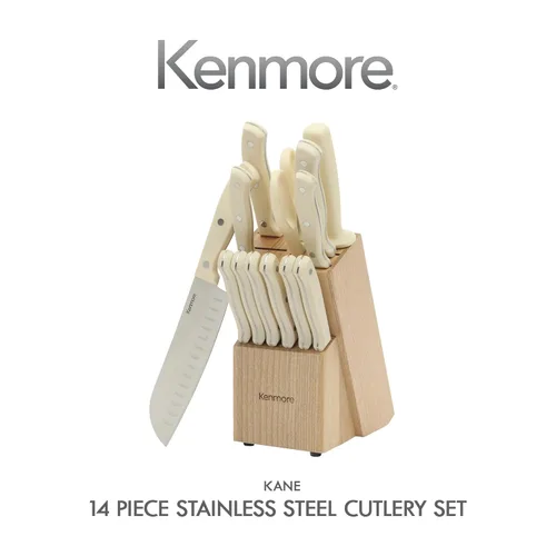 Miniatura 2 de Kenmore Kane - Juego de 14 cuchillos de cocina de acero inoxidable, asas ABS de triple remache, blanco crema, para chef, pan, utilidad, pelar