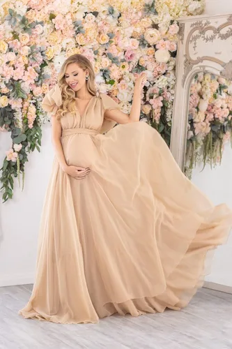 Miniatura 2 de Zxruijing Vestido de maternidad de gasa para fotografía, cuello en V, vestidos de sesión de fotos de maternidad para baby shower, vestido de embarazo