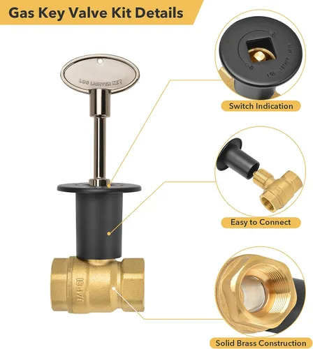 Miniatura 4 de Skyflame Kit de válvula de llave de gas recta de 3/4 pulgadas para chimenea de hoguera con brida negra plana, llave universal de 3 y 8 pulgadas
