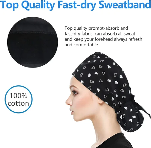 Miniatura 5 de QBA Gorra de trabajo ajustable con botón, gorro forrado de satén, gorro de trabajo de algodón, banda elástica para atar en la espalda, unisex Pt
