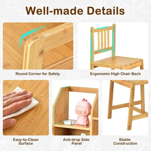 Miniatura 2 de UNICOO Juego de escritorio y silla para niños, escritorio de estudio de bambú ajustable en altura con gabinete de almacenamiento y estantería, mesa