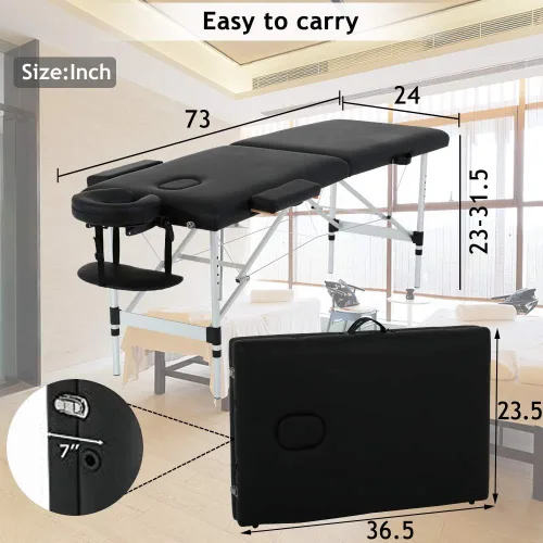Miniatura 5 de Mesa de masaje de 73 pulgadas, cama de spa, portátil, altura ajustable, de aluminio, mesa de salón de salón de piel sintética con funda