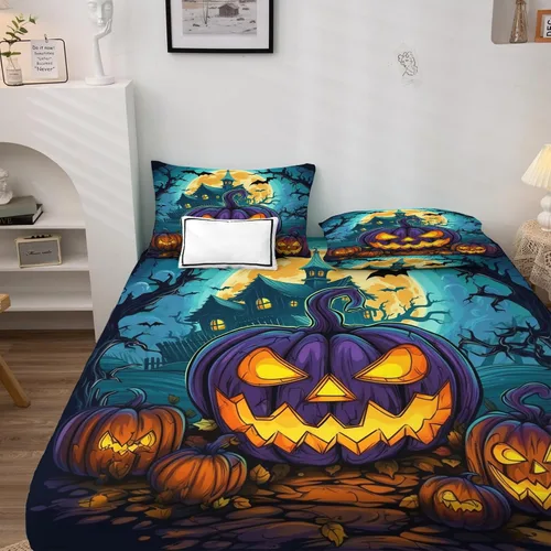 Miniatura 3 de Sábanas de Halloween tamaño individual – Juego de sábanas espeluznantes de calabaza murciélago para niños y niñas, juego de sábanas temáticas