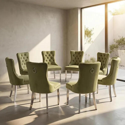 Miniatura 14 de Juego de 2 sillas de comedor de terciopelo, sillas de comedor copetudas de mediados de siglo con anillo trasero de cabeza de clavo, patas de metal
