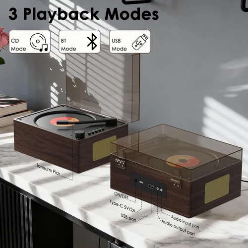Miniatura 5 de Walnut Wood Grain CD Player with Bluetooth 5.3 - Retro Desktop Music Player, Dual HI-FI Speakers, 3600mAh Battery, Remote Control, 2-Year Warranty