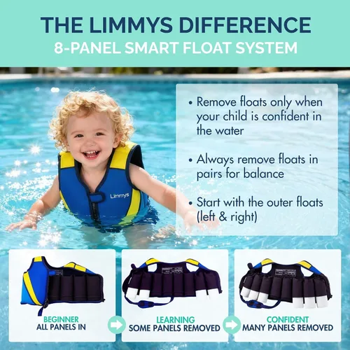 Miniatura 4 de Limmys Chaleco de natación para niños pequeños y niños, ayuda de natación de flotabilidad ajustable, certificado de seguridad CE, diseño galardonado