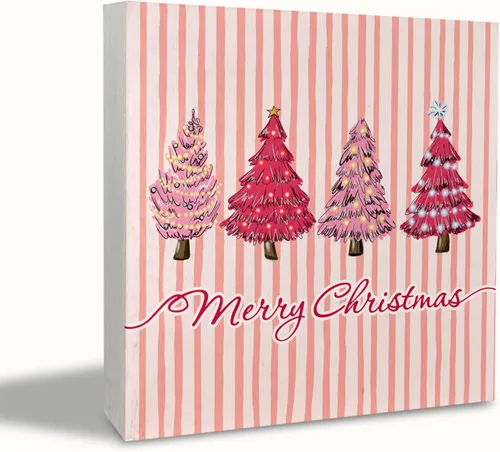Miniatura 9 de KEUSPI Cartel de madera rústica rosa con texto en inglés "Merry Christmas", decoración de escritorio de Navidad preparada, árbol de Navidad, caballo